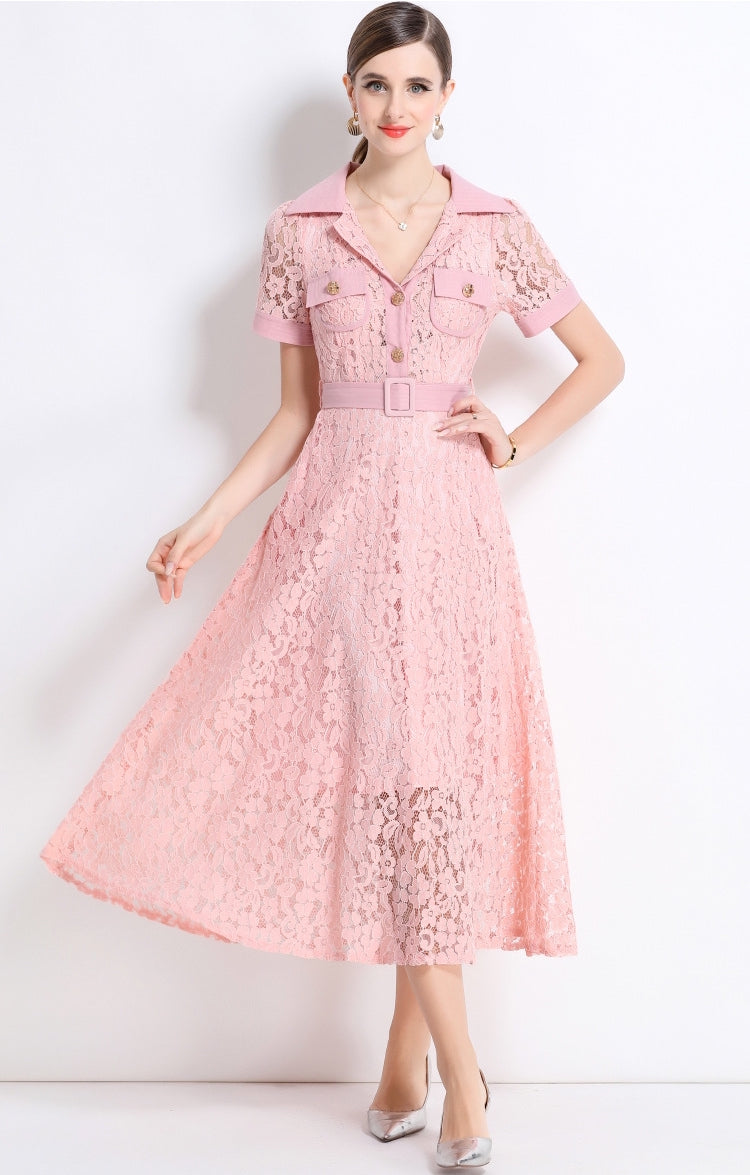 Blush Pink Lace Military Midi Dress