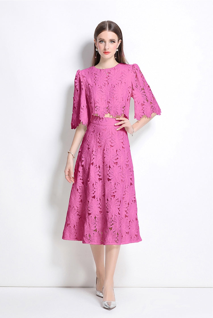 Fuchsia Floral Lace Two-Piece Midi Set - 906455894976_ROSERED