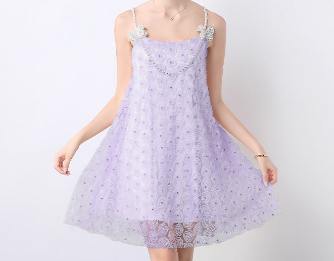 Lavender Whisper Rosette Lace Dress