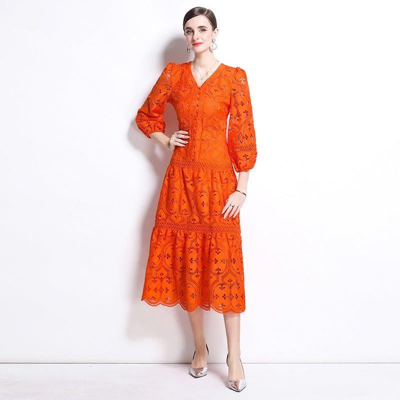 Bold Orange Embroidered Lace Dress