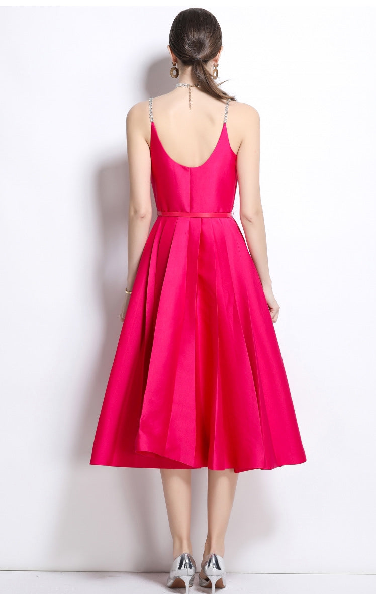 Fuchsia Satin Crystal-Button Midi Dress