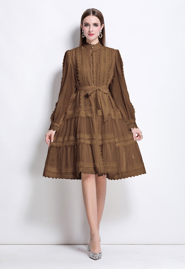 Vintage Mocha Lace A-Line Dress