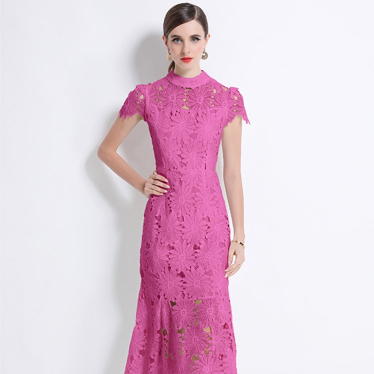 Fuchsia Petal Lace Midi Dress