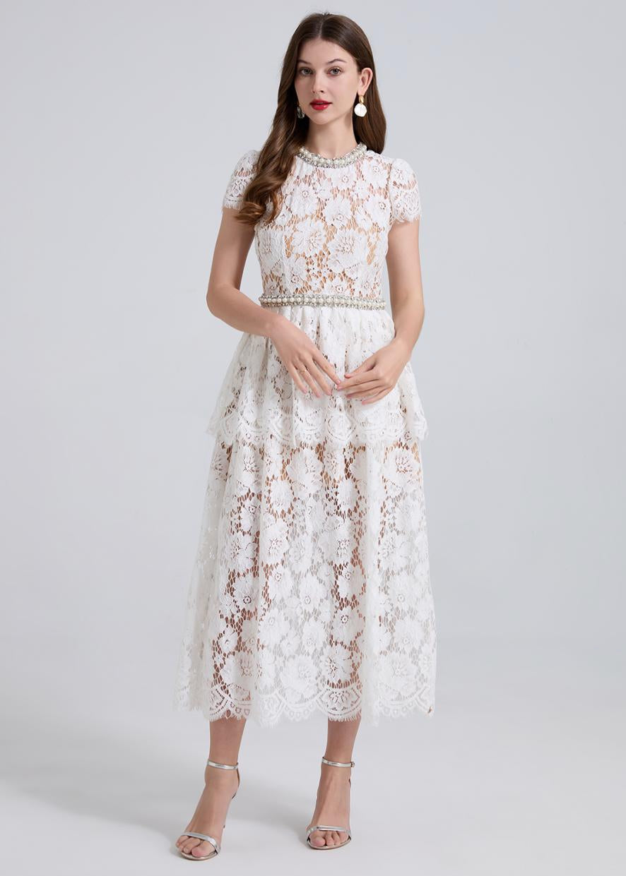 Elegance Pearl Trimmed Lace Midi Dress
