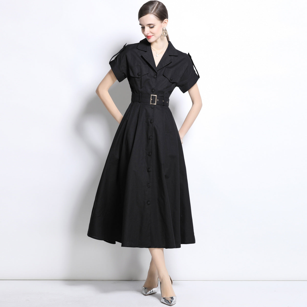 Black Belted Military-Inspired Midi Dress