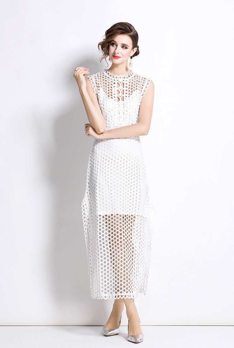 White Hollow-Out Lace Midi Dress