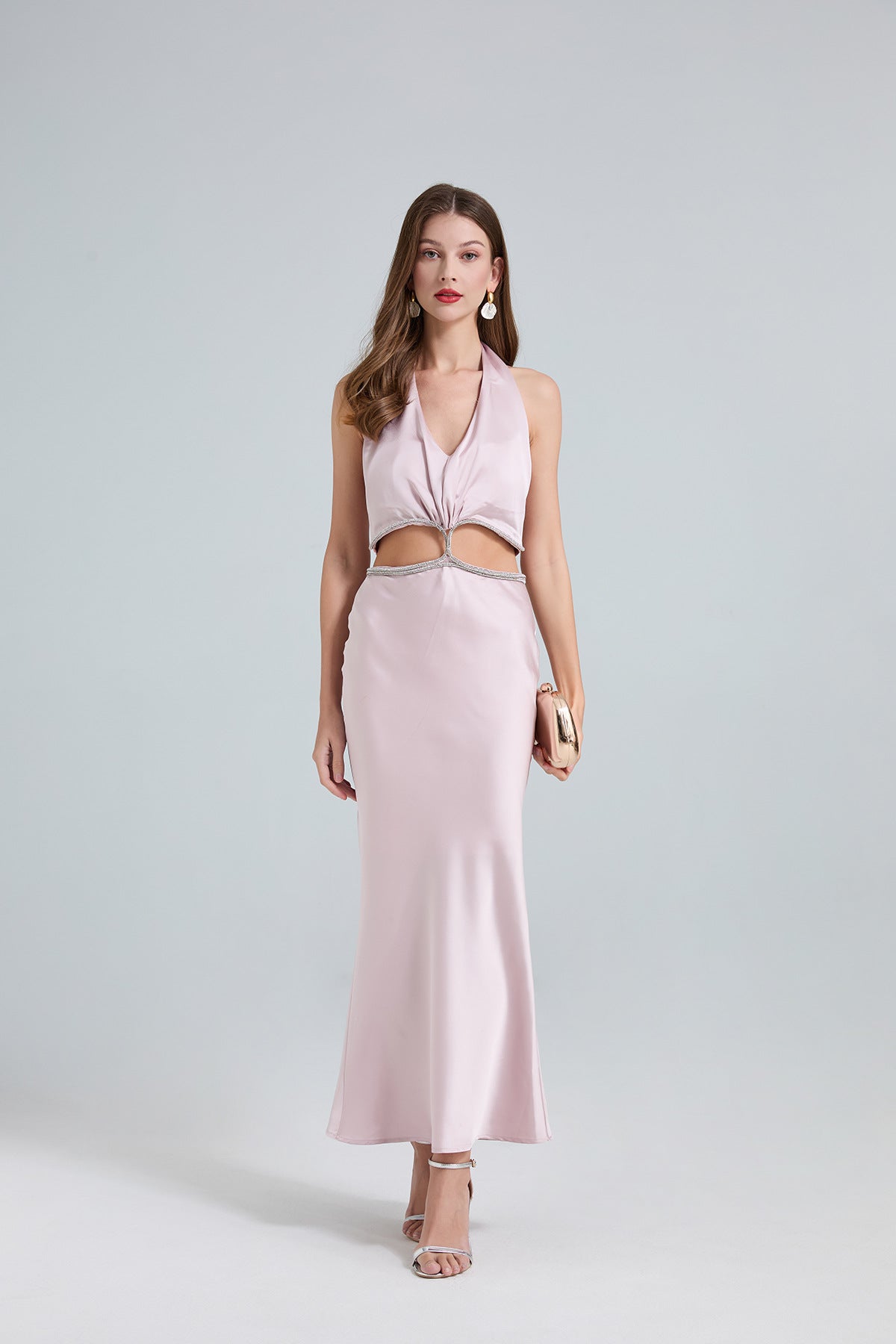 Halter Cutout Satin Maxi Dress – Blush Pink