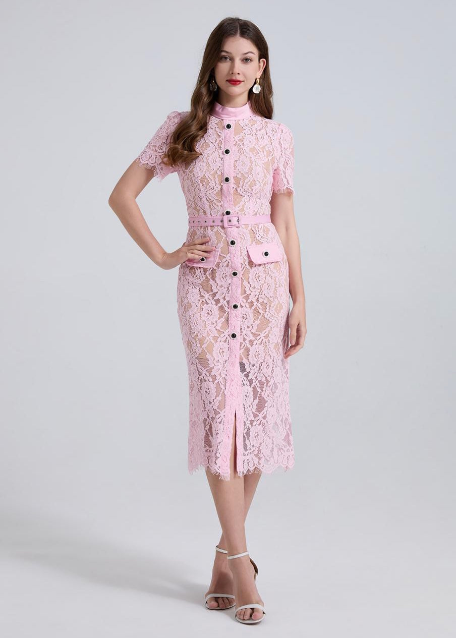 Blush Charm Lace Belted Dress