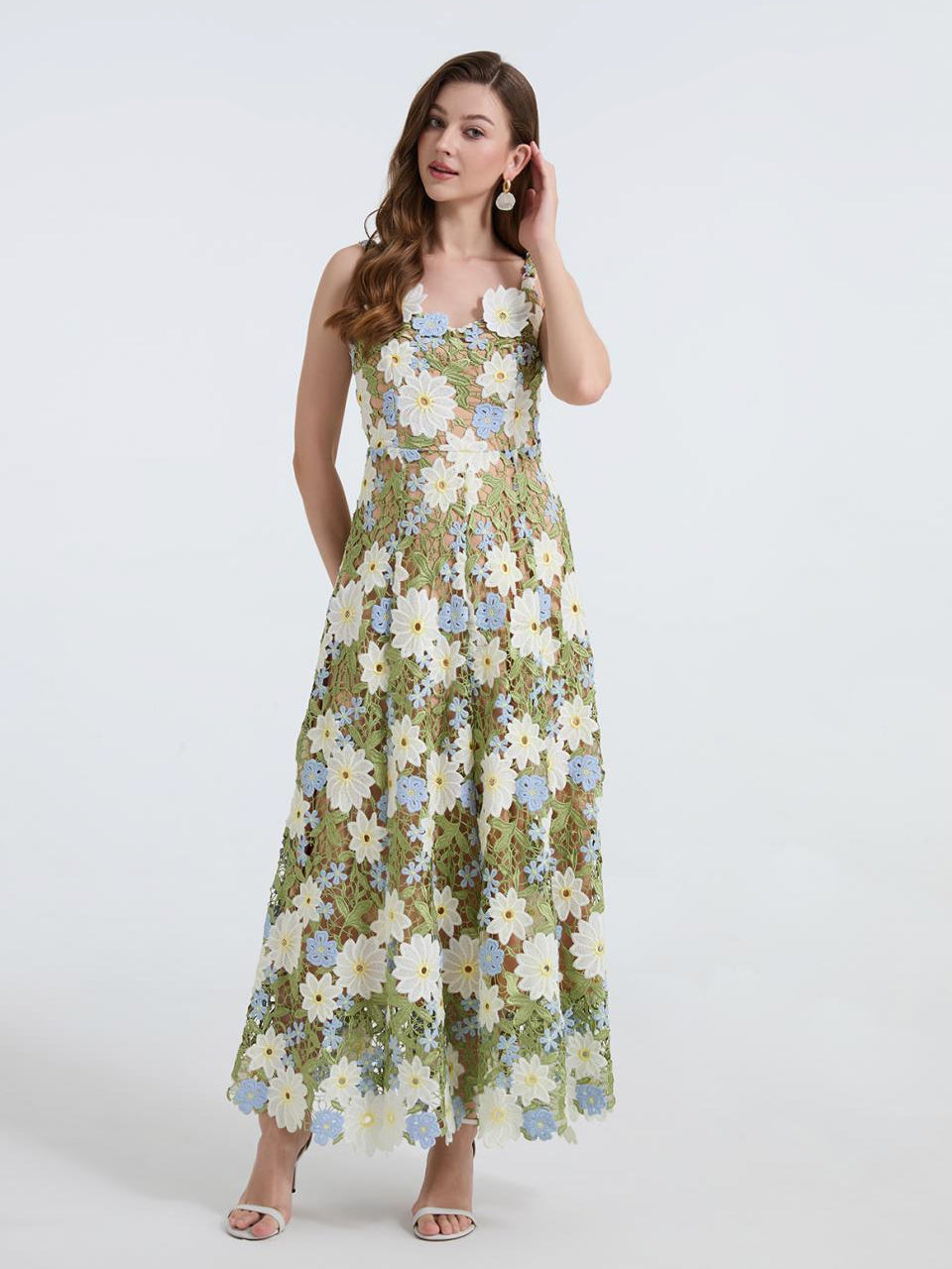 Meadow Bloom Embroidered Lace Dress - 902466078623_GREEN