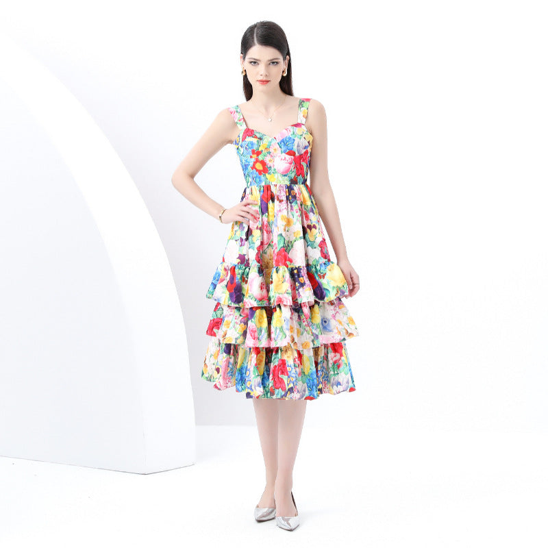 Vibrant Floral Tiered Midi Dress