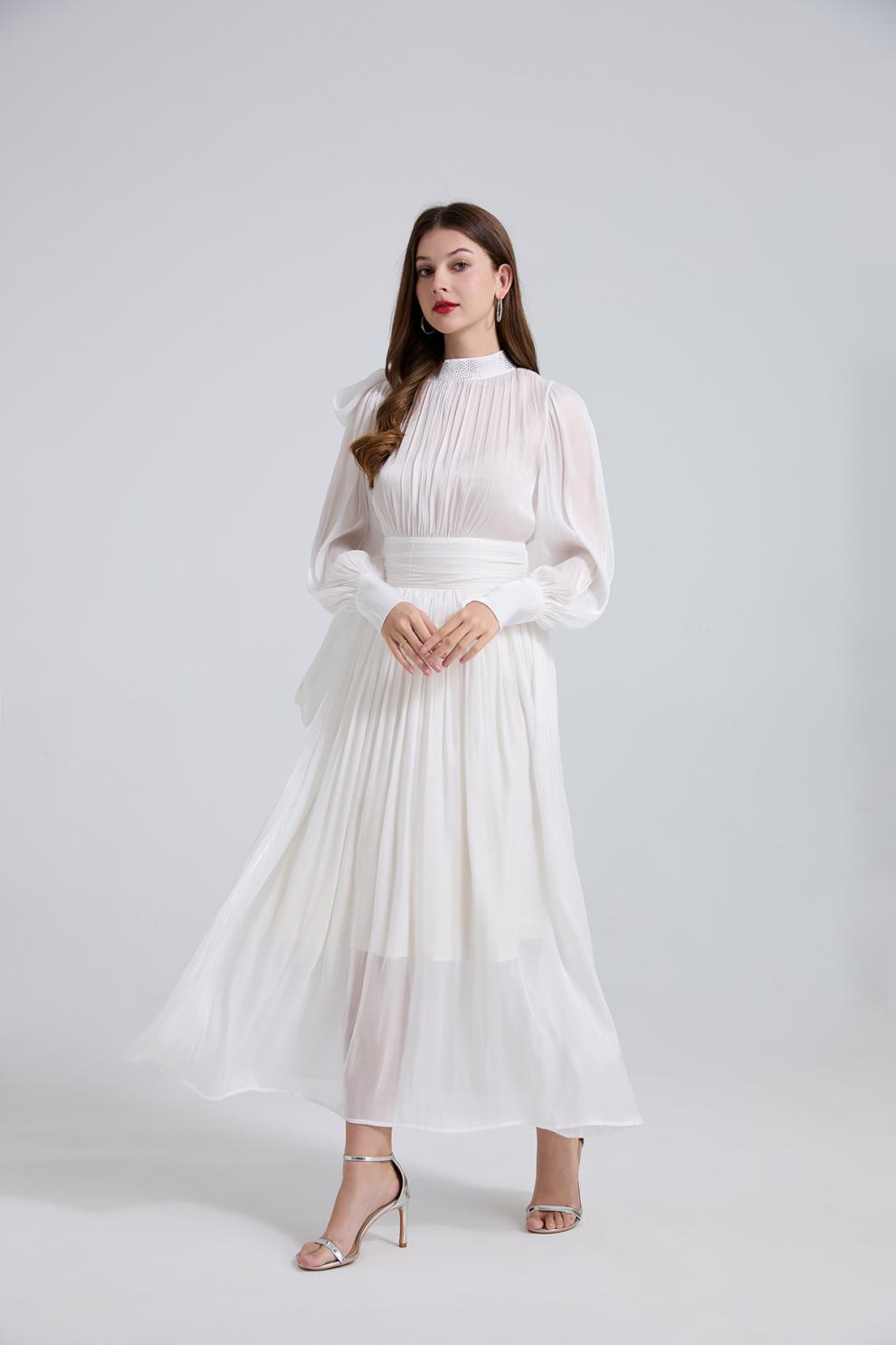 Ivory Grace High-Neck Pleated Midi Dress - 905557854806_WHITE