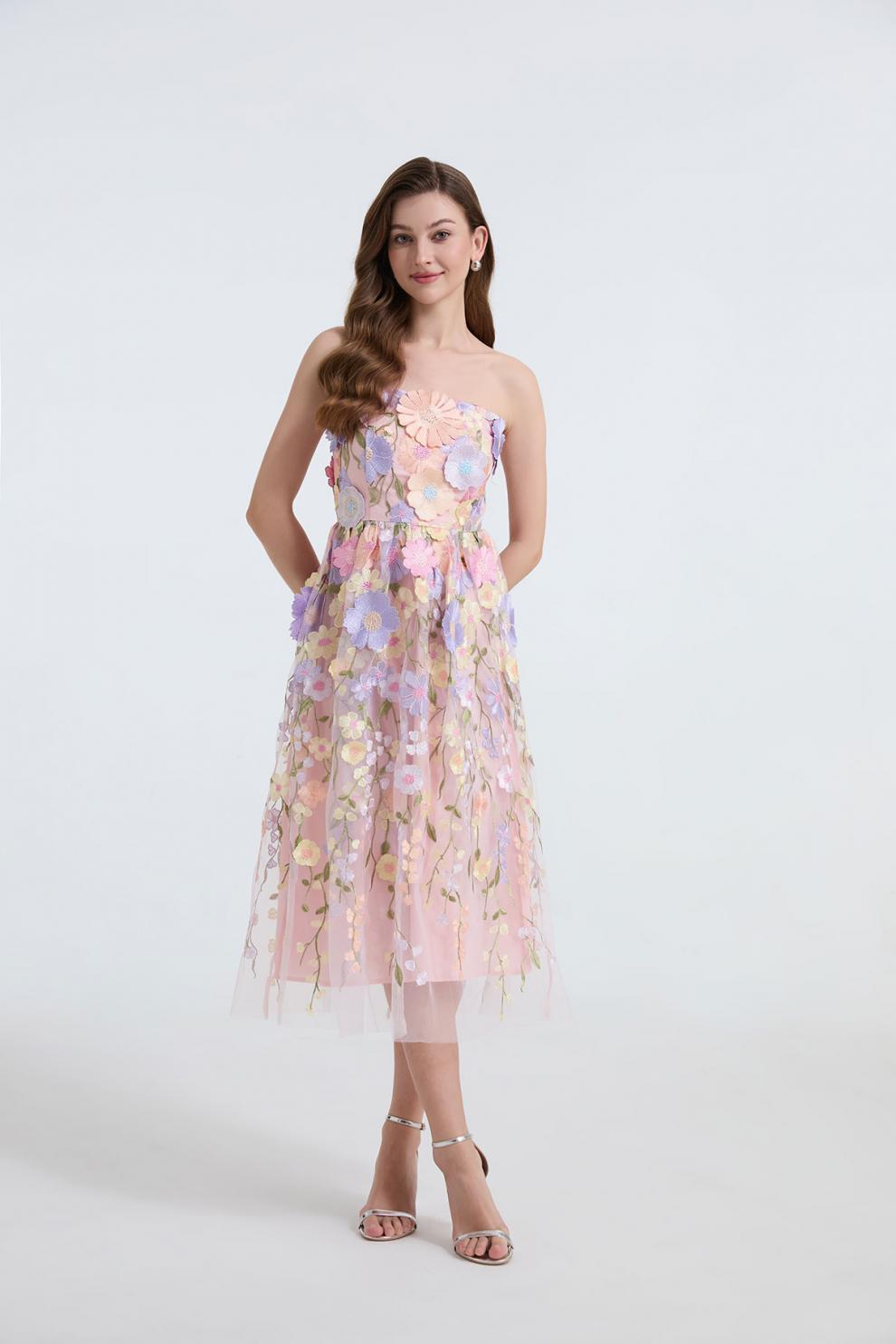 Petal Whisper Strapless Embroidered Dress - 912071976607_PINK