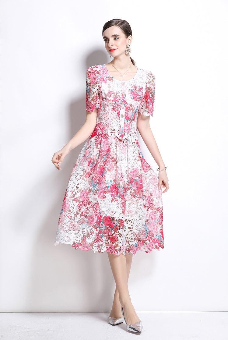 Floral Lace Patchwork Midi  Two Piece Dress