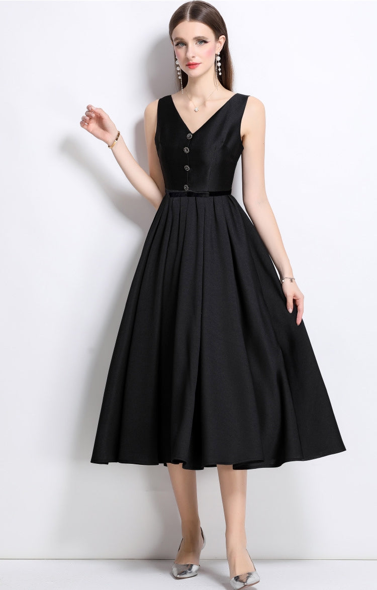 Elegant Black V-Neck Buttoned Midi Dress