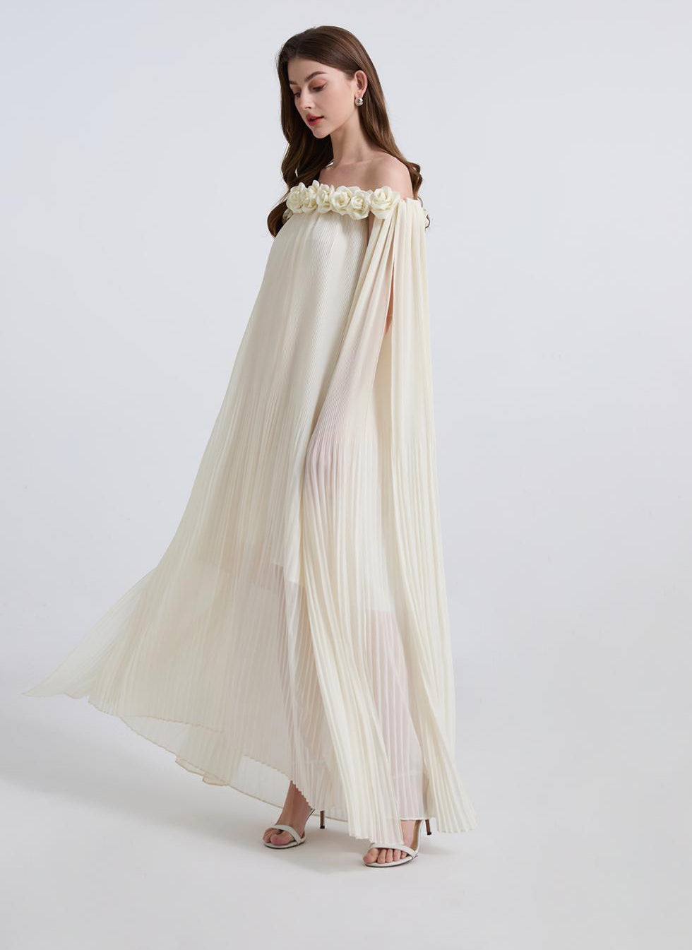 Ivory Floral Off-Shoulder Pleated Gown