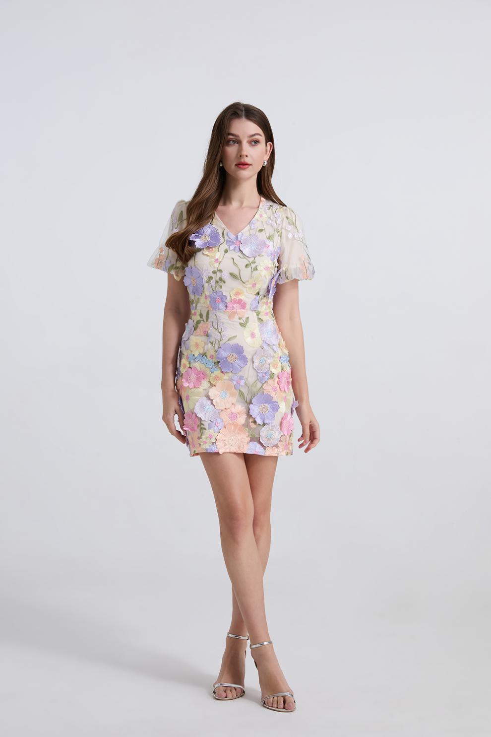Pastel Floral Embroidered Mini Dress – Ivory