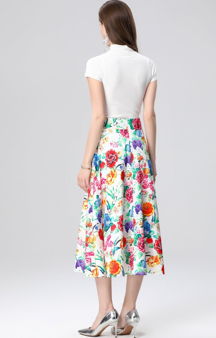 Colorful Floral Midi Skirt Two Piece Set