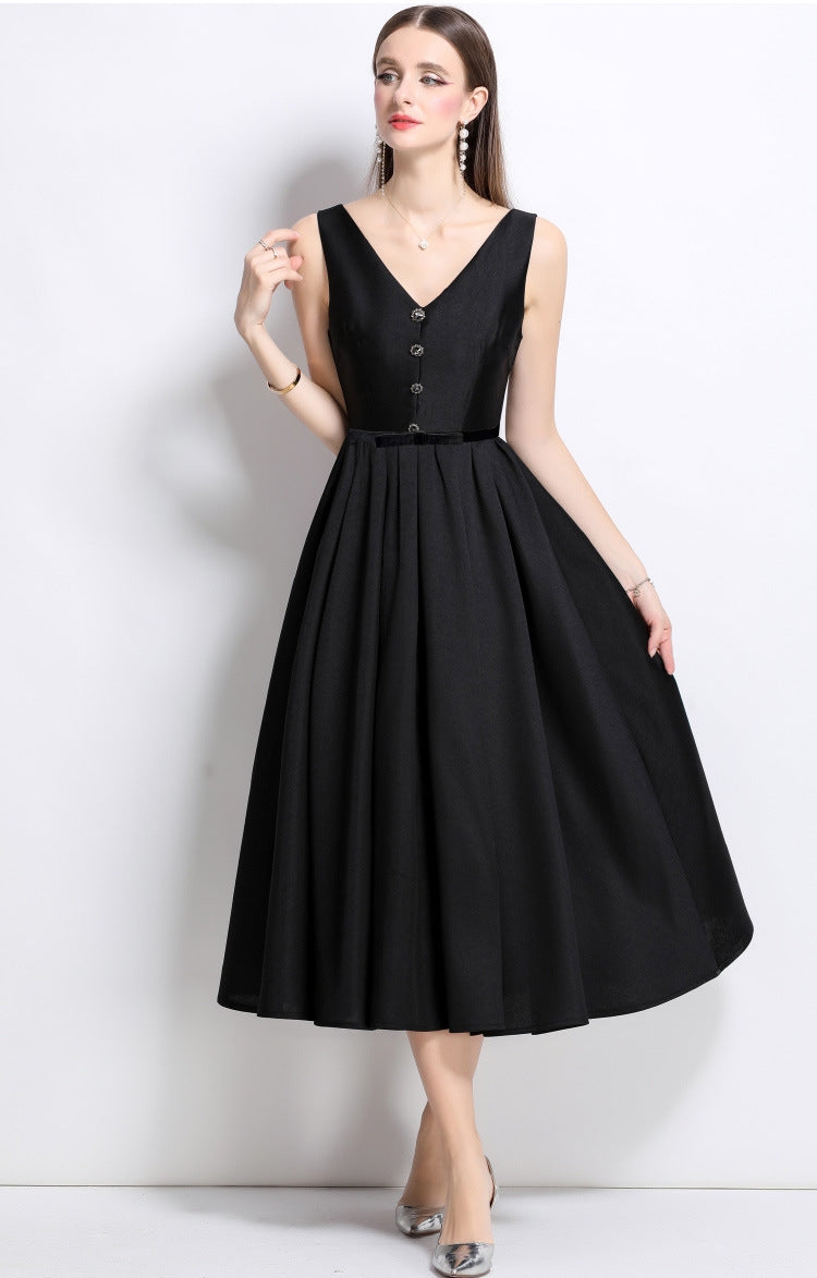 Elegant Black V-Neck Buttoned Midi Dress