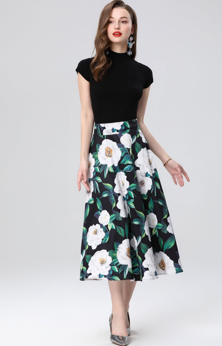Elegant White Floral Midi Skirt Two Piece Set