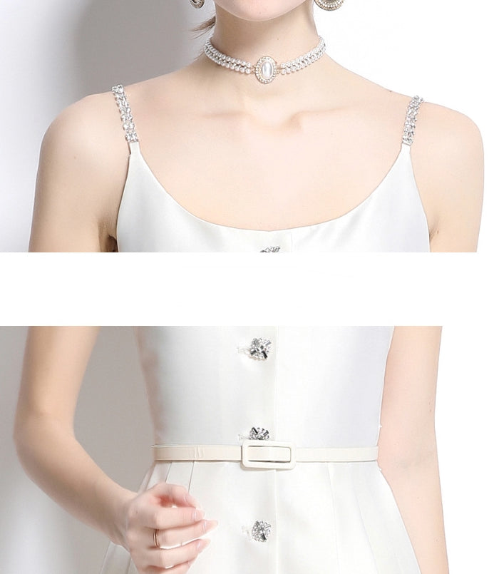 Ivory Satin Crystal-Button Midi Dress