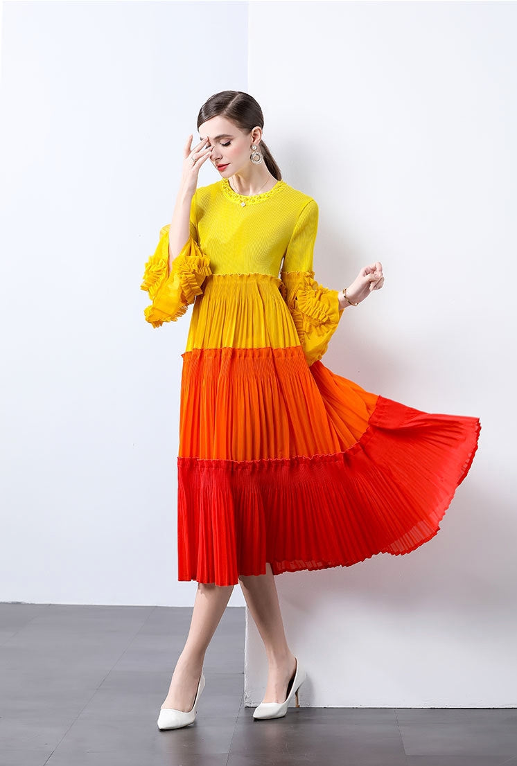 Sunset Ombre Pleated Midi Dress