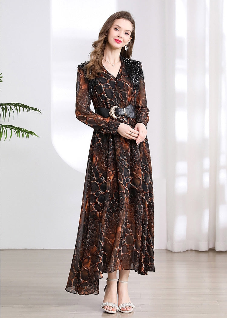 Elegant Serpentine Sheer Maxi Dress - 901487024172_BROWN