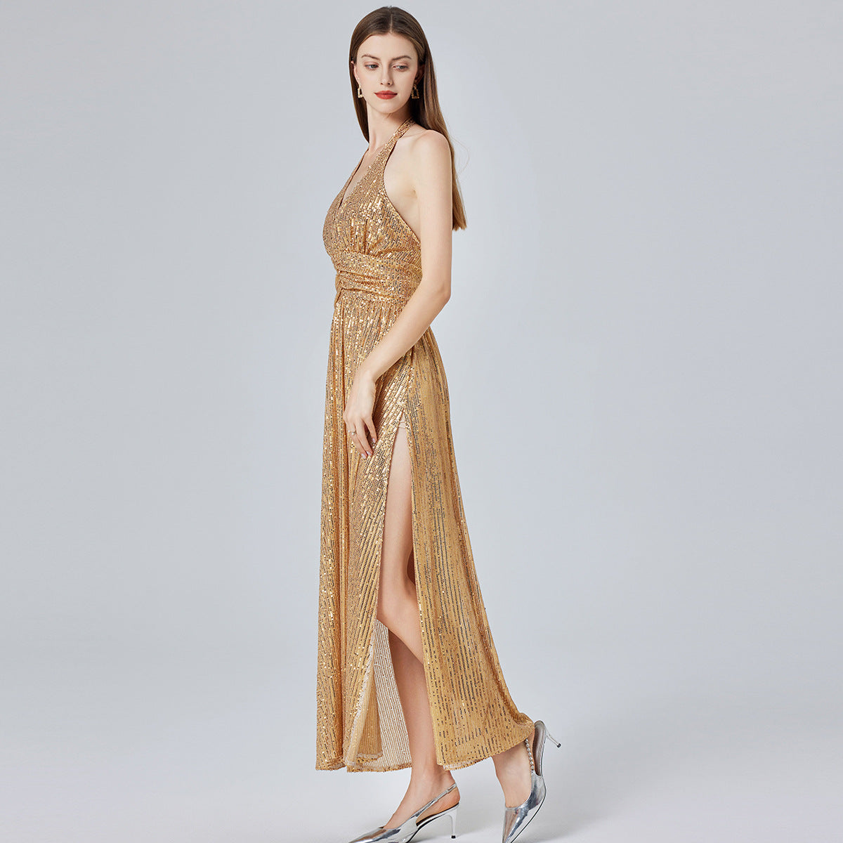 Gold Sequin Halter Maxi Dress