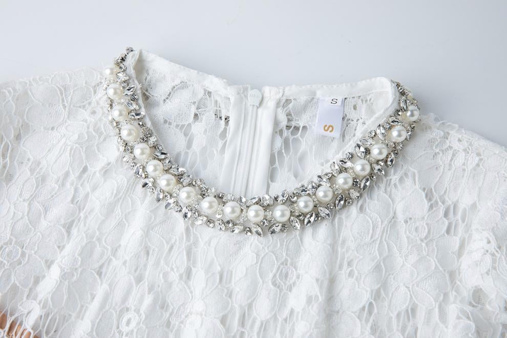 Elegance Pearl Trimmed Lace Midi Dress