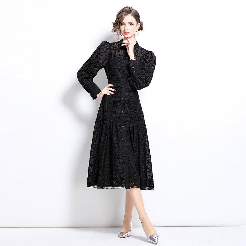 Elegant Black Lace Midi Dress with Belt