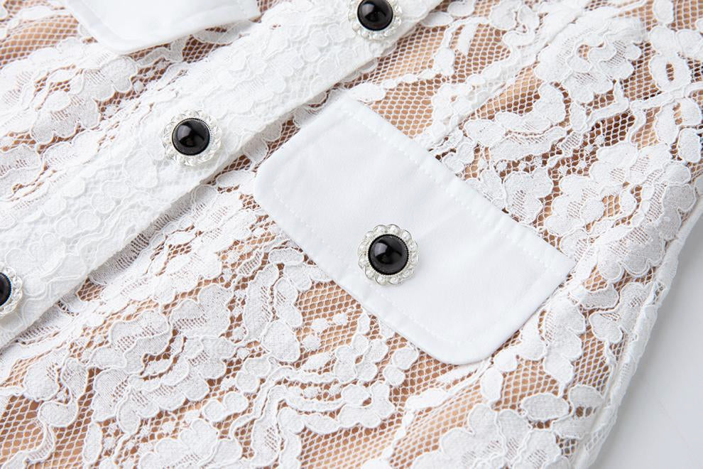 Elegant White Lace Button-Front Midi Dress