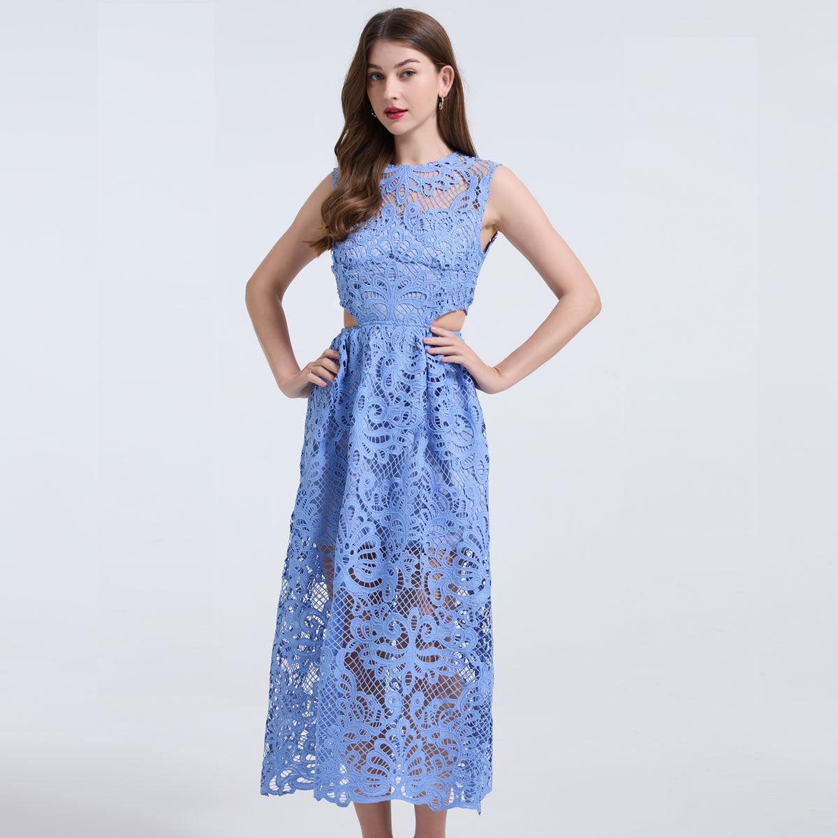 Elegant Sky Blue Lace Midi Dress