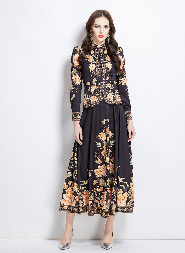 Elegant Black & Gold Floral Print Blouse & Maxi Skirt Set
