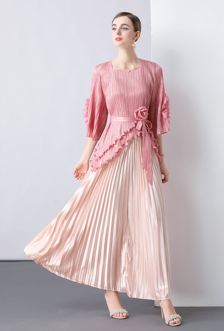 Blush Elegance Pleated Peplum Maxi Dress
