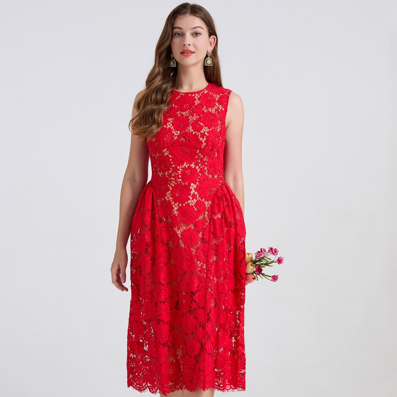 Crimson Bloom Lace Dress