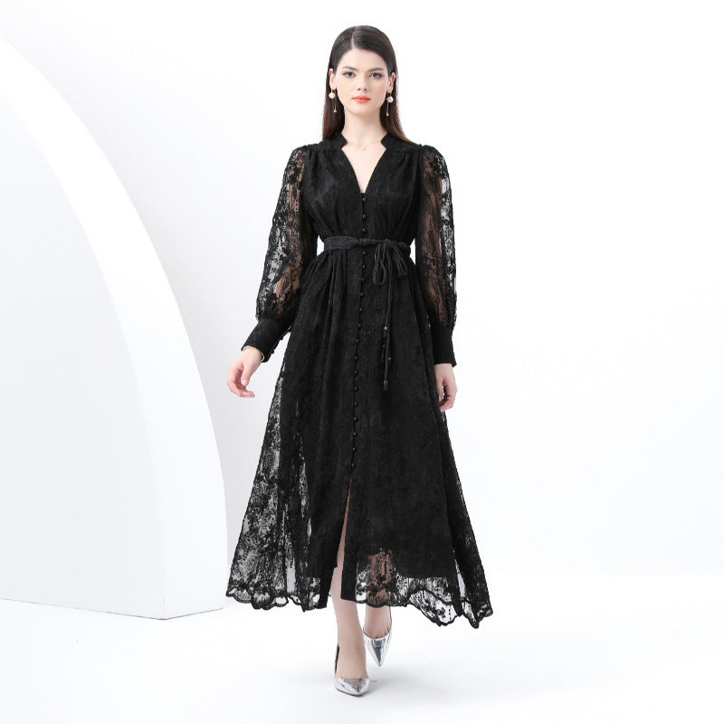 Black Lace Long-Sleeve Maxi Dress