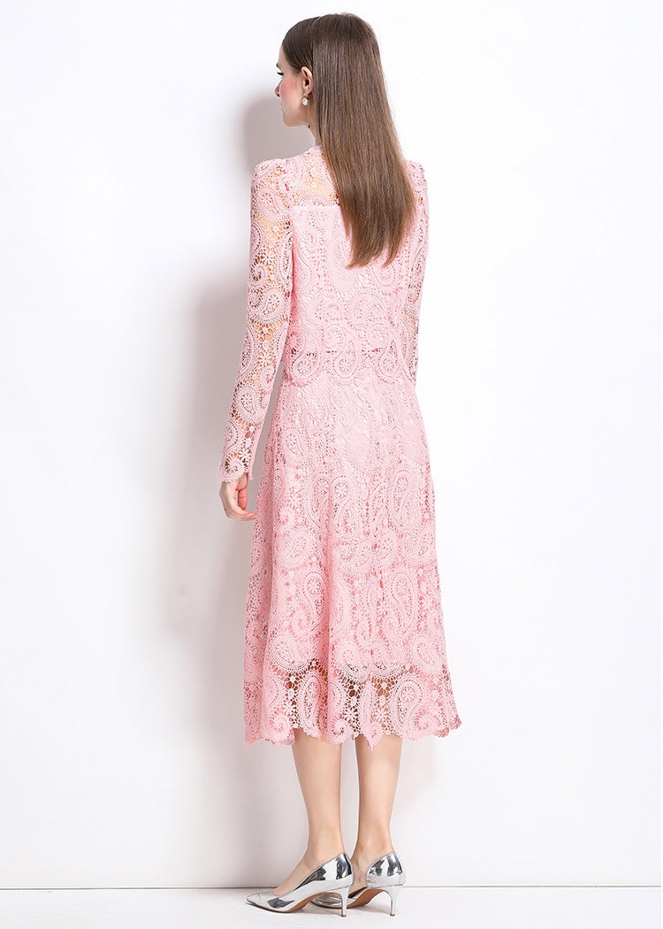 Elegant Long-Sleeve Lace Midi Dress – Blush Pink