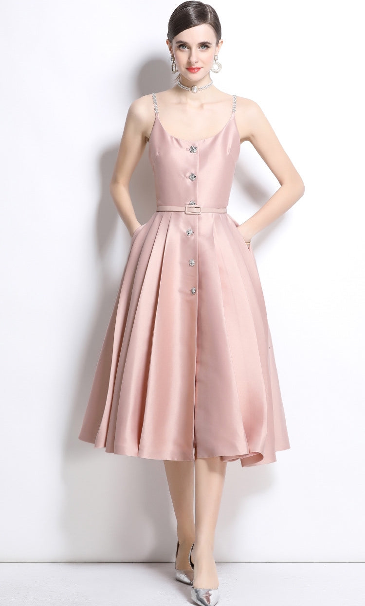 Blush Satin Crystal-Button Midi Dress