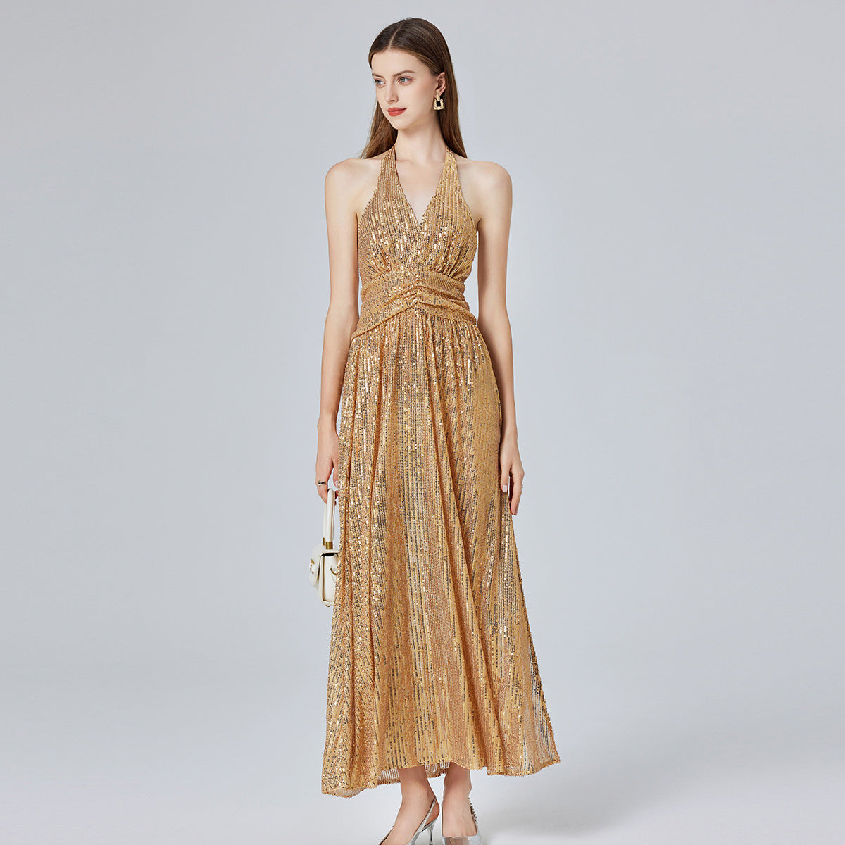 Gold Sequin Halter Maxi Dress
