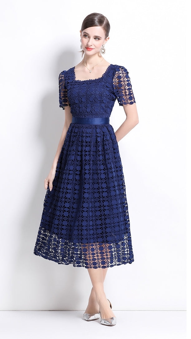 Navy Blue Lace Midi Dress