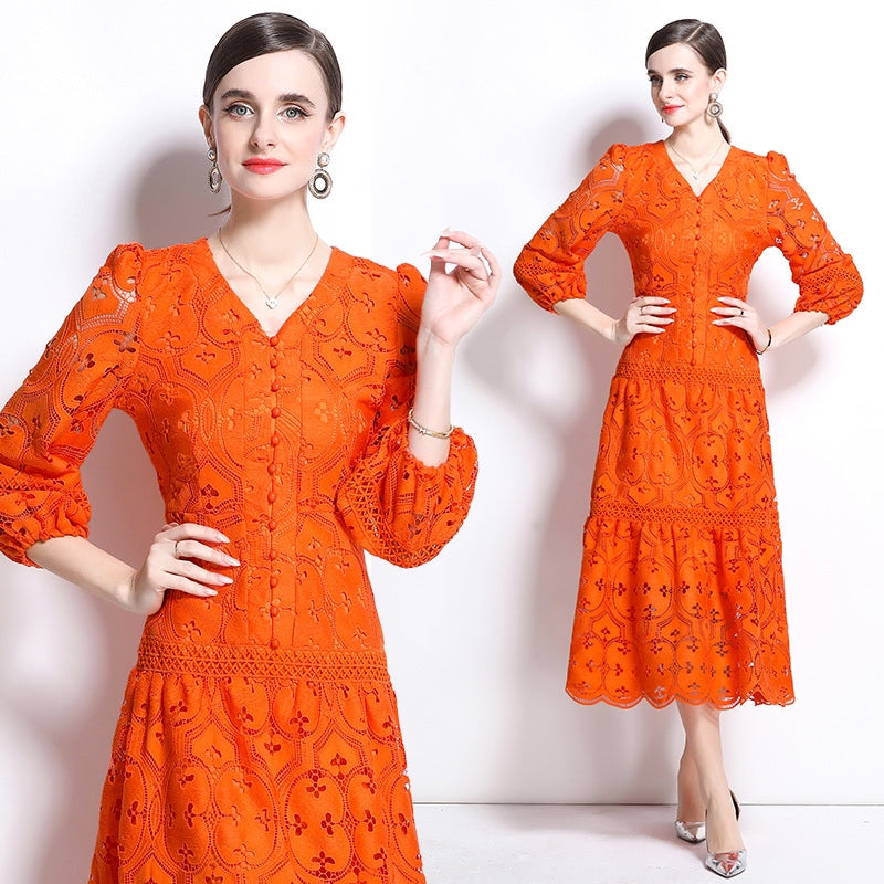 Bold Orange Embroidered Lace Dress