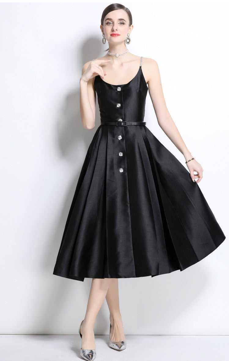 Black Satin Crystal-Button Midi Dress