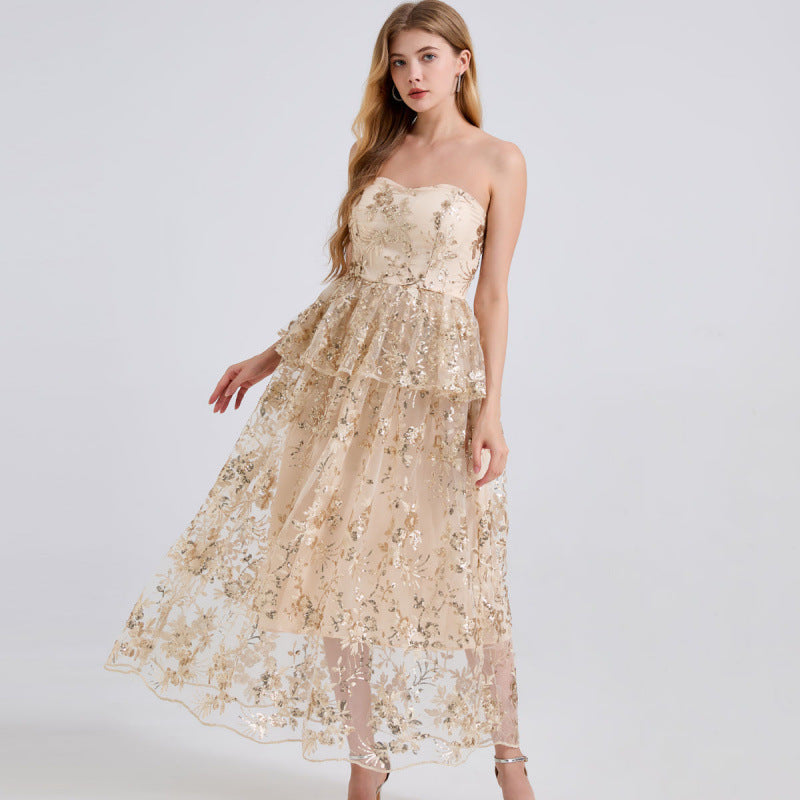 Champagne Gold Floral Sequin Tiered Maxi Dress