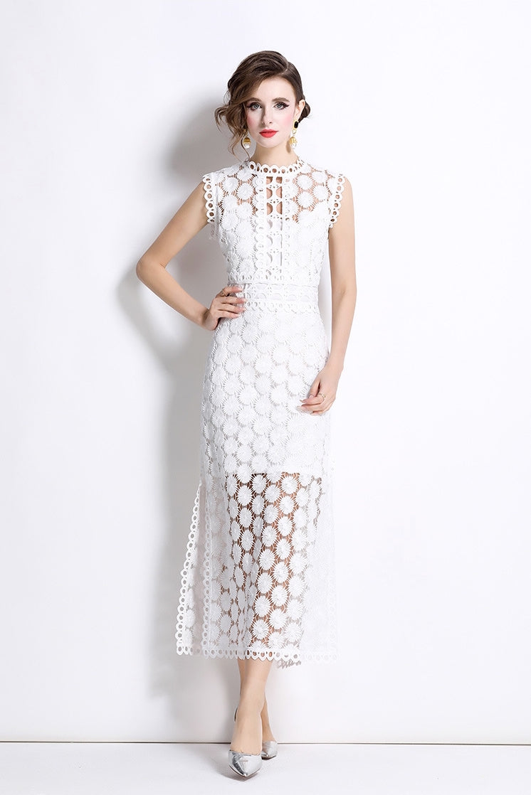 White Hollow-Out Lace Midi Dress