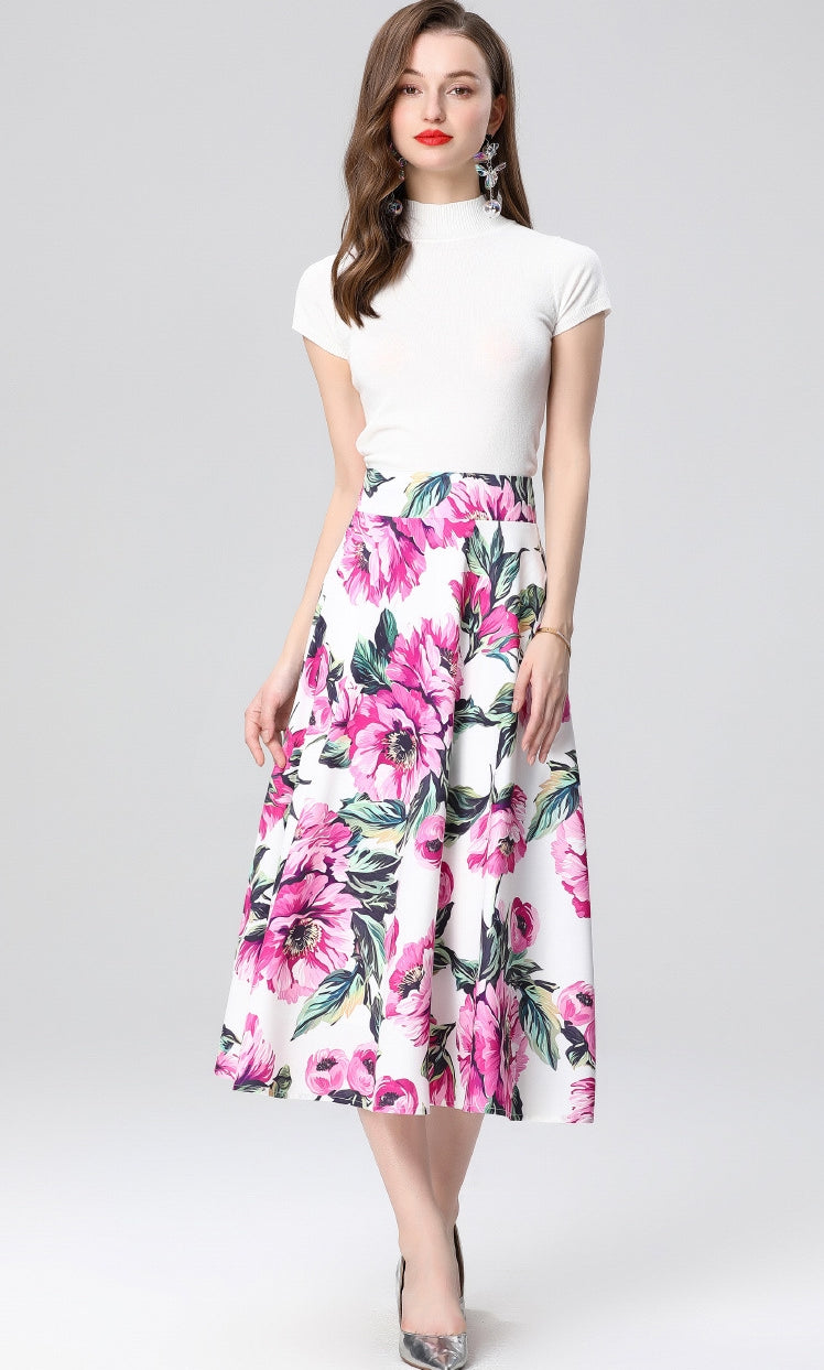 White Floral Midi Skirt Two Piece Set