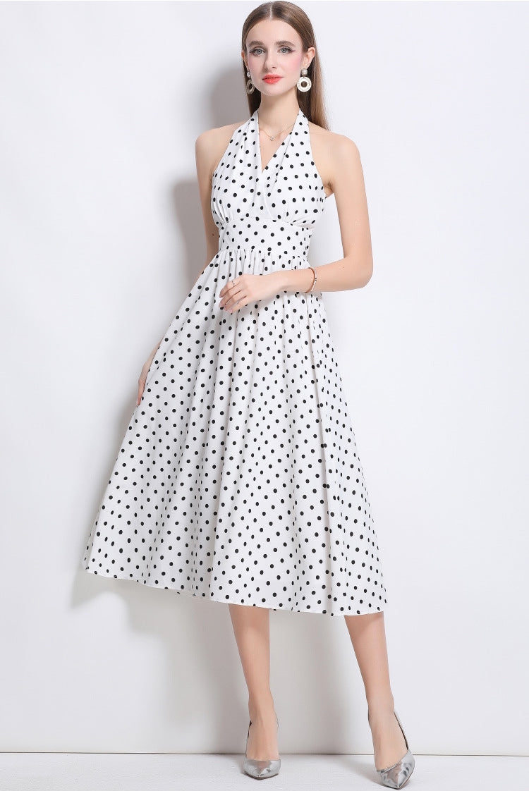 Classic Charm White Polka Dot Halter Dress - 902653054769_WHITE