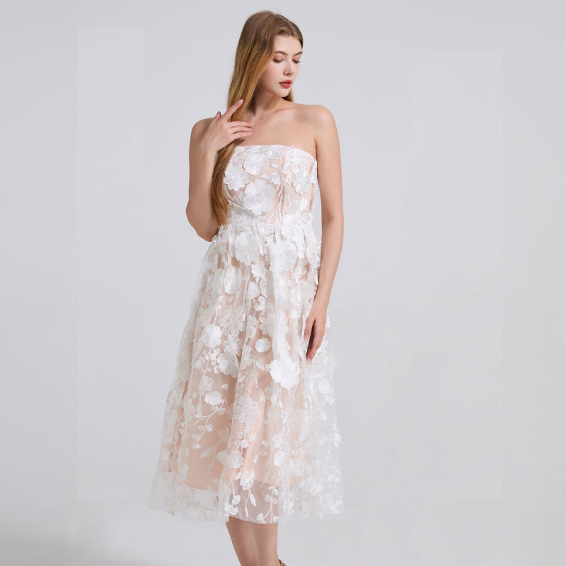 Blossom Veil Strapless White Embroidered Dress - 912071976607_WHITE