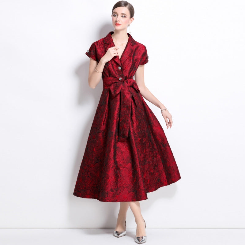 Crimson Elegance Brocade Midi Dress - 913663767470_RED