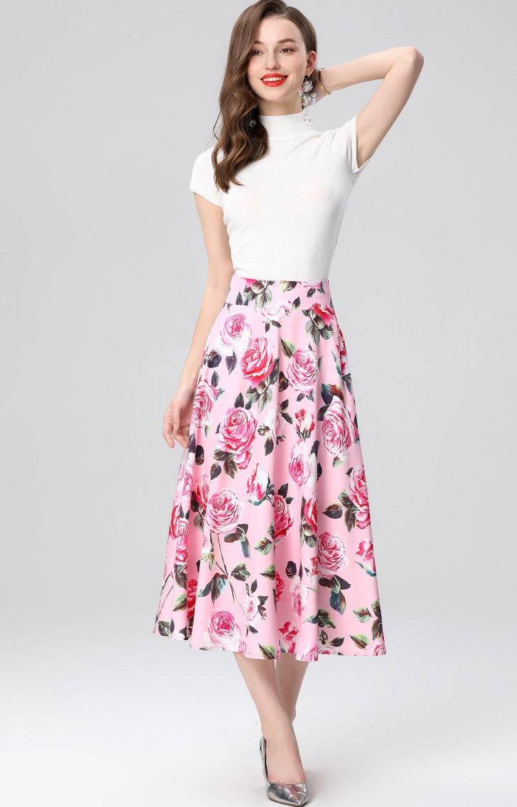 Pink Floral Midi Skirt Two Piece Set
