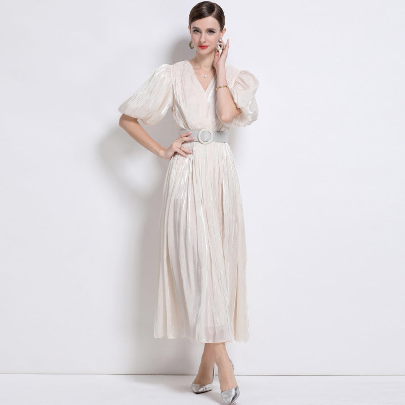 Ivory Grace Pleated Belted Dress - 920551704711_APRICOT