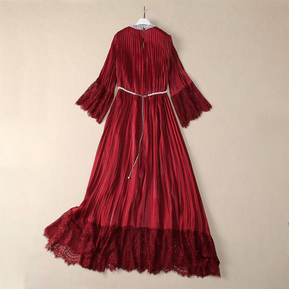 Elegant Wine Red Lace Maxi Dress